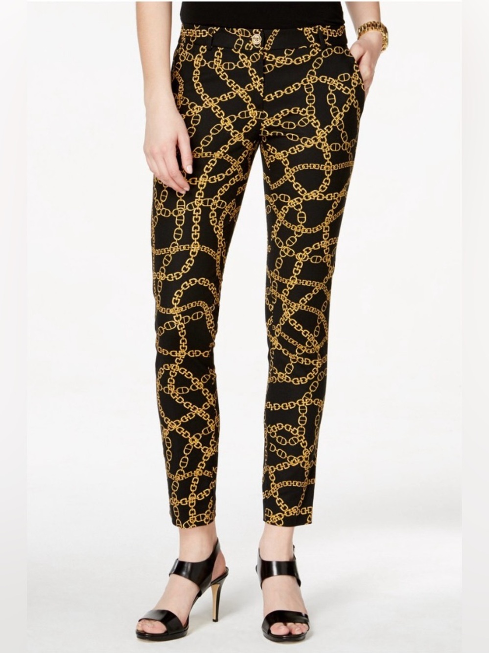 Michael Kors  Keegan Gold Chain-Print on black Slim Ankle Miranda Pants OP $110